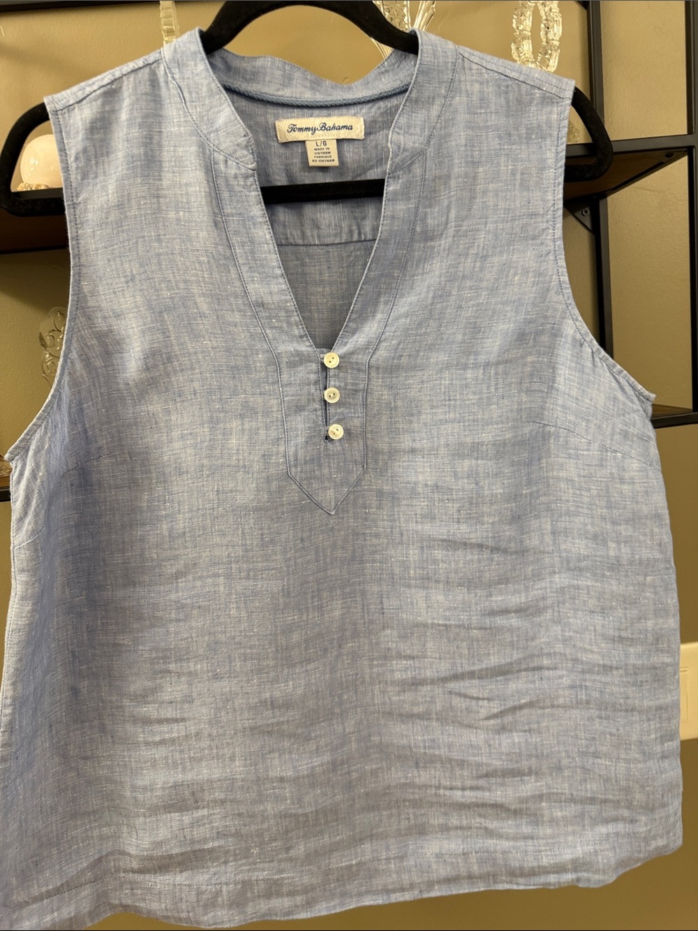 Tommy Bahama Light Blue Sleeveless Linen Henley Top
